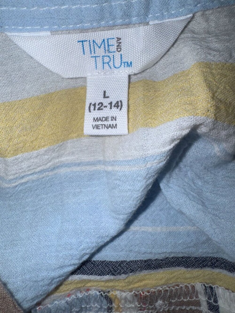 Time And Tru Womens Striped Button-Down Shirt L 100% Cotton Brown Yellow Blue - Picture 2 of 6
